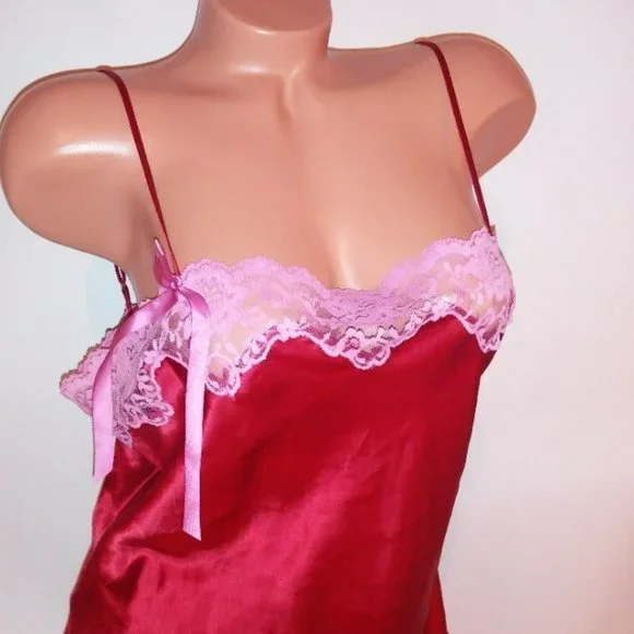 Victoria Secret Lingerie Chemise Slip Large Red Pink Satin Lace Trim Side Slit R